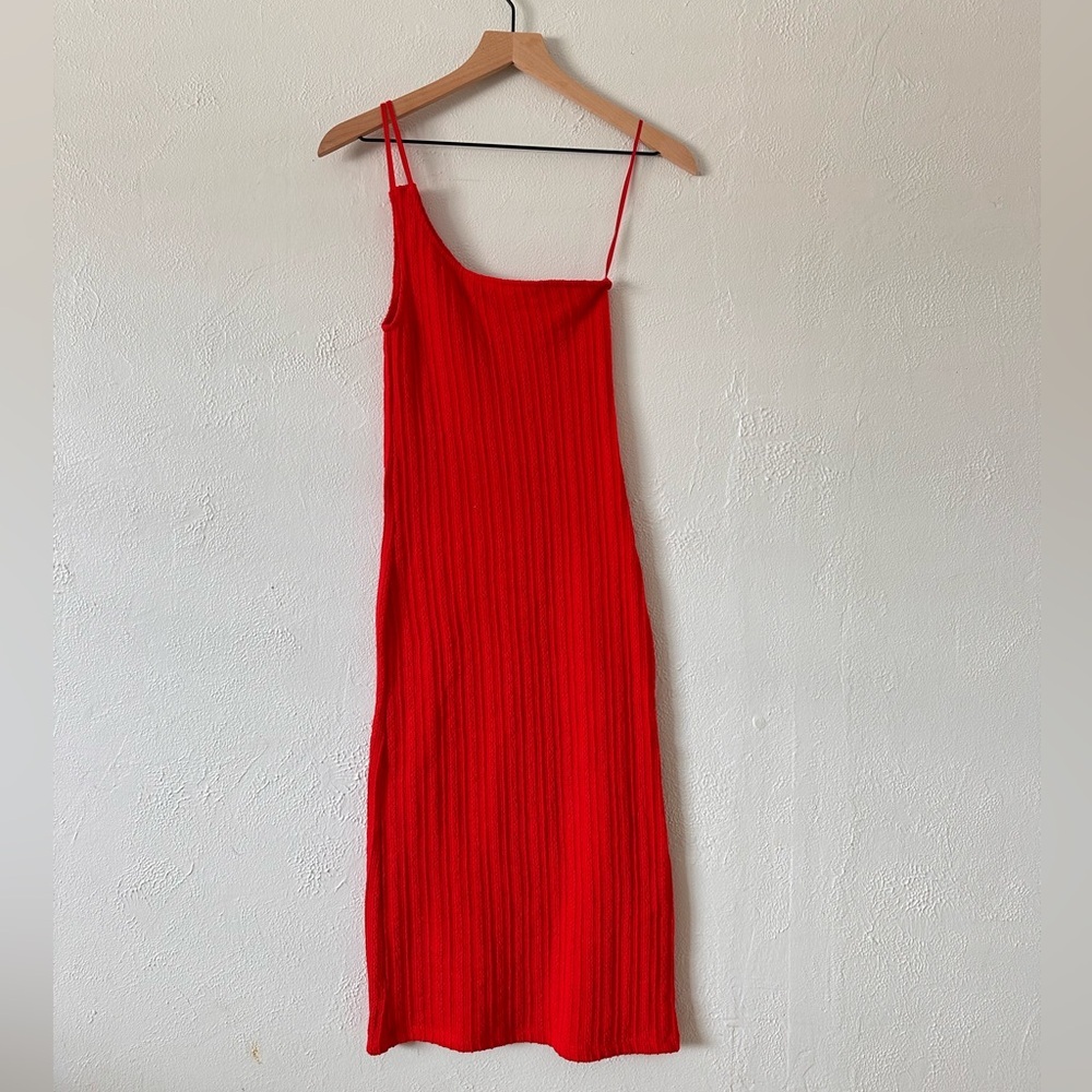 Zara Red One-Shoulder Ribbed Slip Dress
